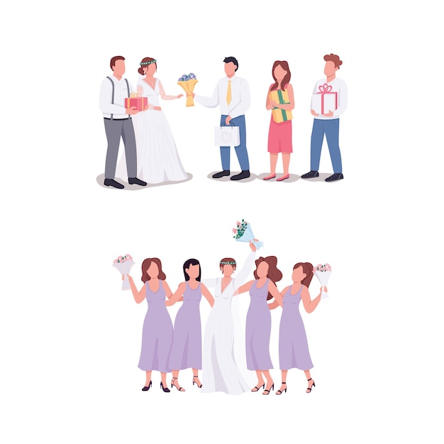 Vector la novia y el novio con invitados juego de caracteres sin rostro de color plano. el esposo, la esposa aceptan regalos. ceremonia de boda aislado ilustración de dibujos animados