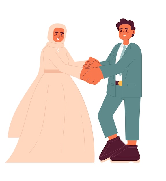 Vector la novia y el novio musulmanes reciben personajes vectoriales coloridos semiplanos