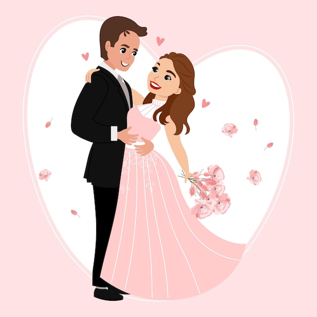 Novia y novio con un ramo de flores, felices recién casados. concepto de familia. Ilustración, boda