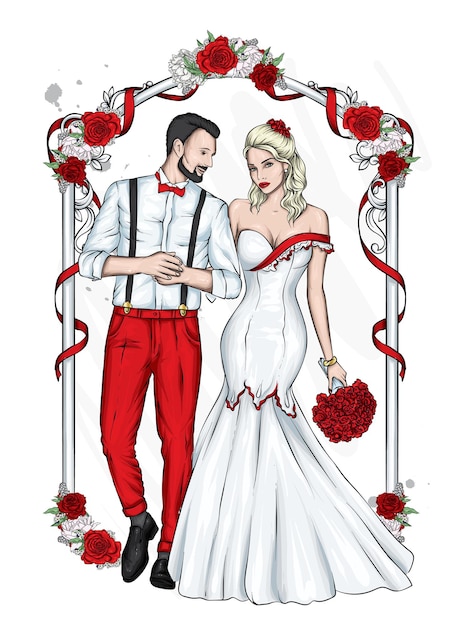 La novia con traje y la novia con vestido de novia cerca de un arco de flores ilustración vectorial