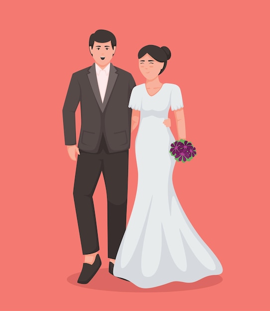 novia, en, vestido blanco, y, novio, en, traje, pareja, boda, vector, ilustración