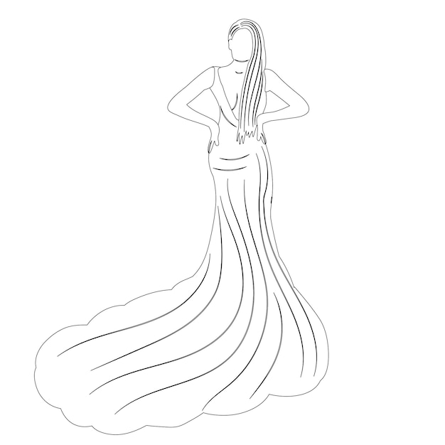 Novia, en, vestido, bosquejo, contorno, vector