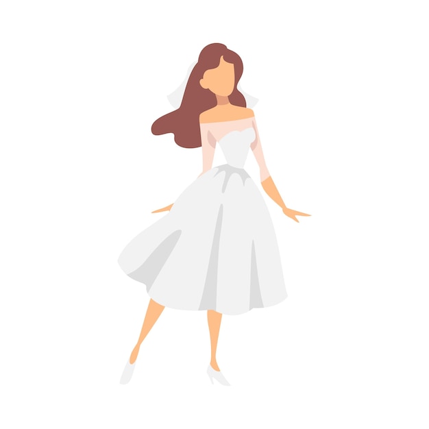 Novia en vestido de novia blanco de pie como recién casada o recién casada ilustración vectorial femenina