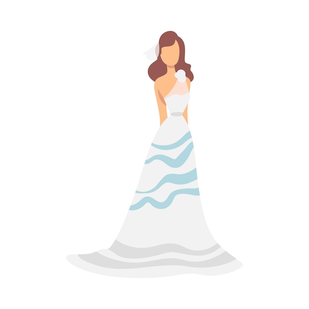 Novia en vestido de novia blanco de pie como recién casada o recién casada ilustración vectorial femenina