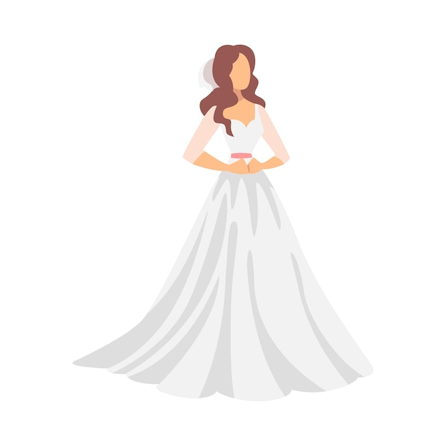 Novia con vestido de novia blanco y velo de pie como vectora femenina recién casada o recién casada