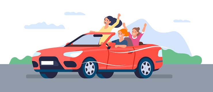 Vector novias alegres montando en descapotable en la carretera grupo de mujeres jóvenes felices chica conduciendo coche rojo gente viajando en automóvil vacaciones de verano amigos alegres en vehículo concepto vectorial