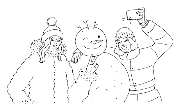 Las novias de doodle se toman una foto en un teléfono móvil junto a un muñeco de nieve alegre