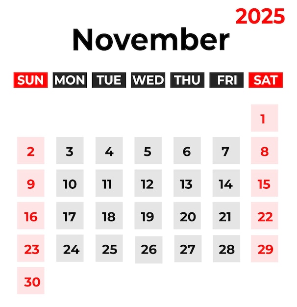 noviembre 2025 Semana de diseño del calendario mensual comienza el domingo