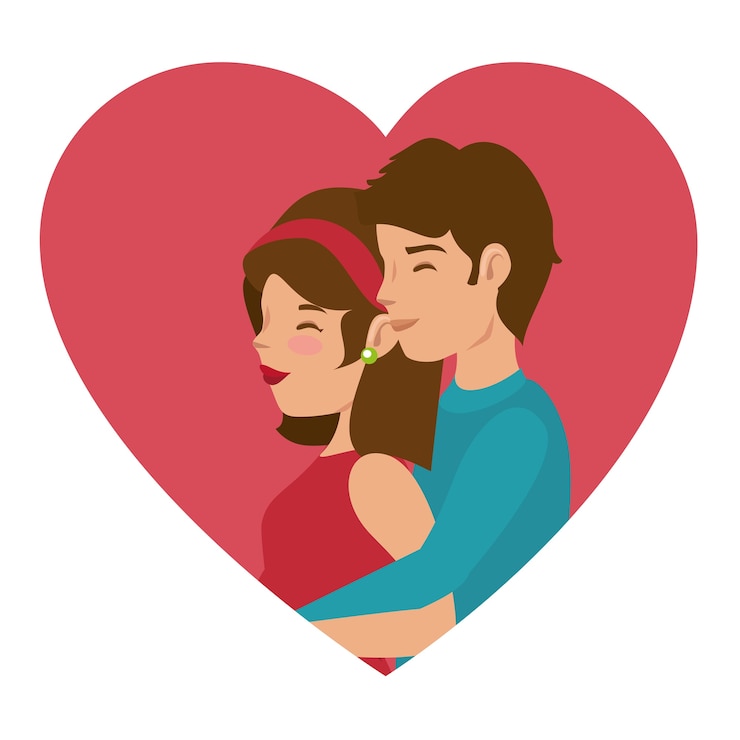 Vector novio, abrazar, de, novia, atrás, y, corazón