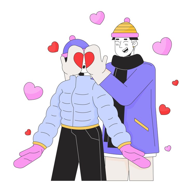 Vector el novio cubriendo los ojos de la novia adivina quién es la ilustración plana de dibujos animados