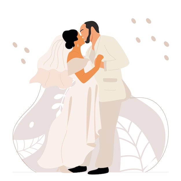 Un novio con un esmoquin beige besa a su novia con un vestido de novia con dobladillo y un velo largo. Vector