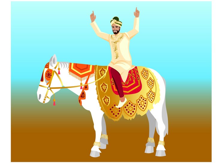 Vector el novio indio monta un caballo en una boda.