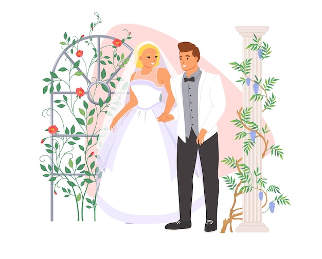 Novio y novia con vestido ceremonial y traje de pie en el arco floral para vibraciones de memoria ilustración vectorial Ceremonia de boda concepto de celebración de fiesta de matrimonio