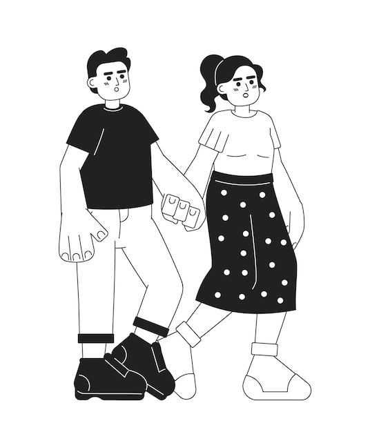 El novio de Oriente Medio, la novia, las manos sosteniendo personajes de dibujos animados en 2D en blanco y negro.