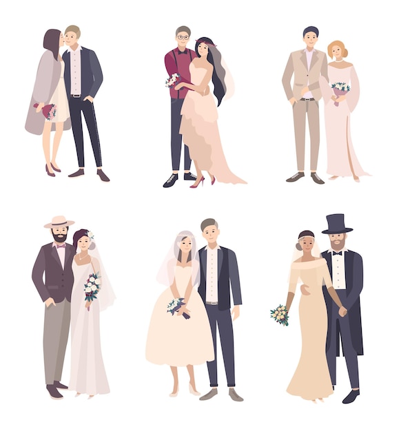 Novios novios hermosos y de moda. conjunto de ilustración de dibujos animados de vector aislado sobre fondo blanco.