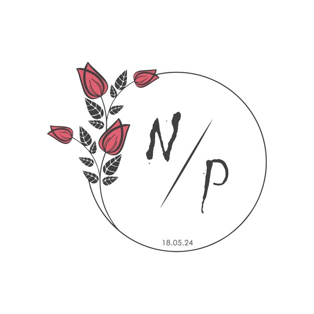 NP monograma inicial algunas rosas círculo de boda con diseño creativo