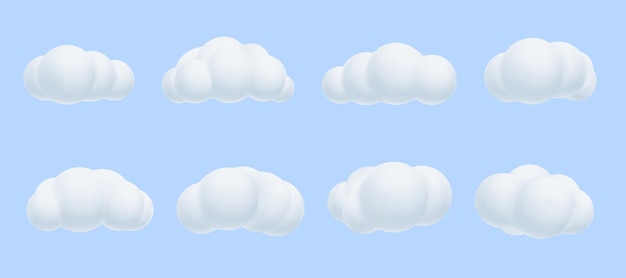 Vector nube 3d algodón lindo render cielo globos en el cielo aislado sobre fondo azul varias formas elementos de clima esponjoso paisaje de nubes puro objetos decorativos gráficos de dibujos animados formas vectoriales 3d