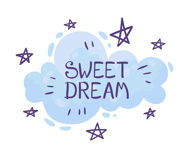 Nube azul con la inscripción Dulce sueño entre las estrellas Ilustración vectorial sobre fondo blanco