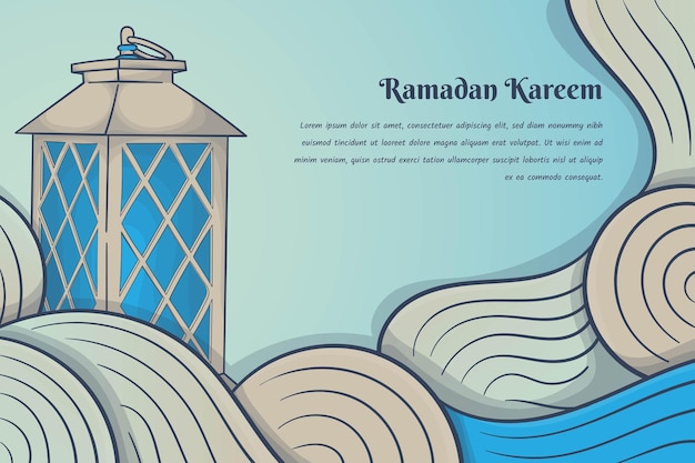 Nube azul con linterna en diseño de ilustración dibujado a mano para plantilla de ramadan kareem