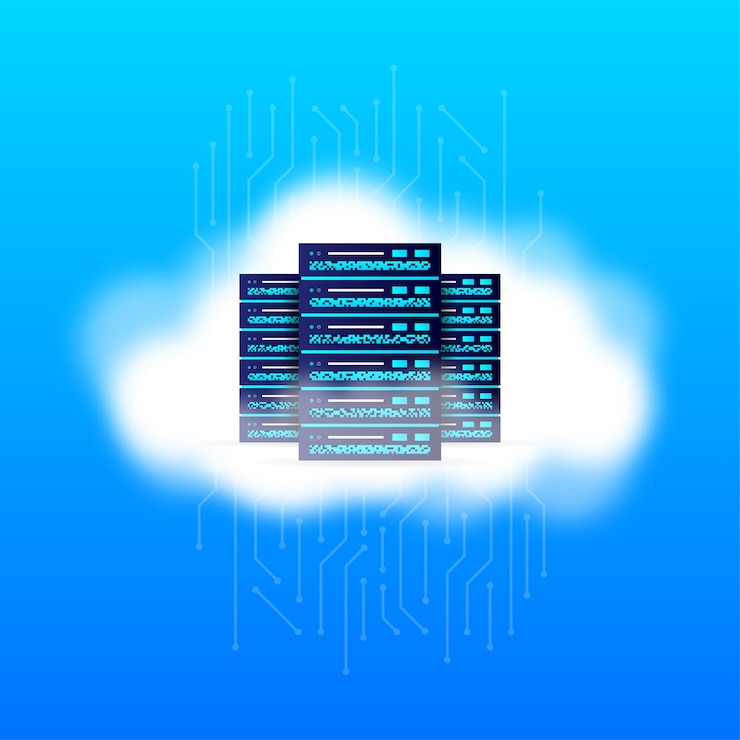 Vector nube de base de datos servidores de red tecnología de hardware de computadora elementos decorativos ilustración vectorial