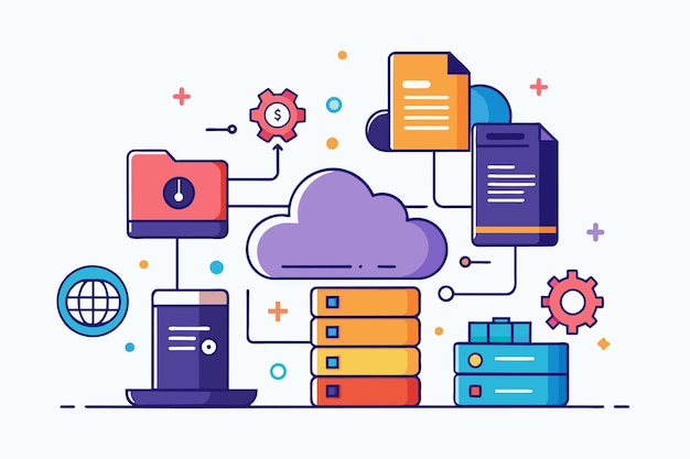 Vector una nube en el centro rodeada por una variedad de elementos diferentes en un patrón disperso gestión de datos en la nube copia de seguridad de datos grandes datos ilustración vectorial plana simple y minimalista