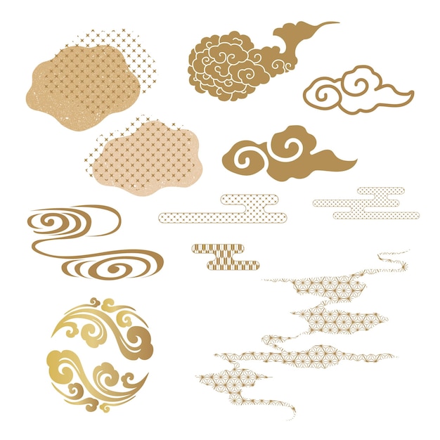 Nube china marrón y dorada en estilo vintage diseño tradicional asiático de íconos y símbolos con patrón geométrico en estilo japonés