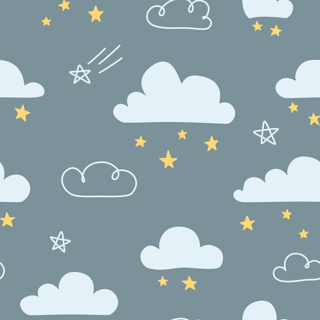 Nube de cielo nocturno lindo y lluvia de estrellas patrón de garabateo textura sin costuras para tela papel de embalaje textil papelería vivero