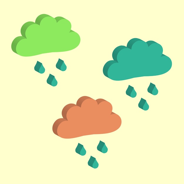 Vector nube de color turquesa, verde y naranja, con gotas de lluvia azules en la temporada de lluvias, tema de la naturaleza
