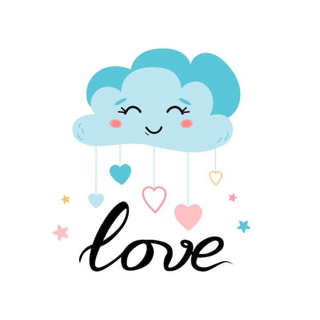 Vector nube corazón ute personaje nube azul sonriente para el cartel de la habitación de los niños ilustraciones vectoriales nube azul sonriente con corazones cayendo tarjeta de baby shower azul fondo blanco corazones de colores impresos