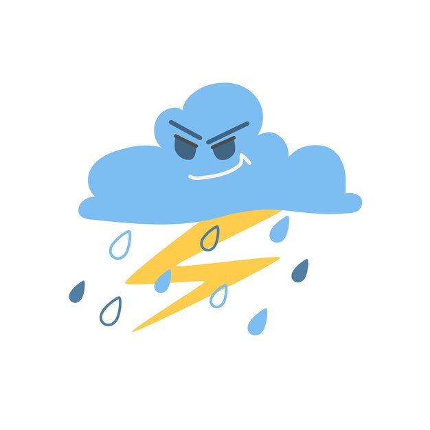 Una nube de dibujos animados divertida con lluvia y relámpagos