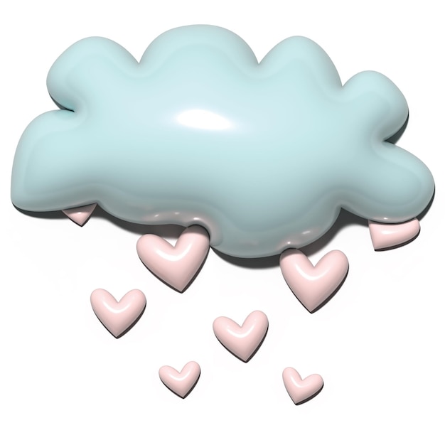 Vector nube de dibujos animados volumétricos 3d de gotas de lluvia azules en forma de corazones rosados elemento de colores pastel