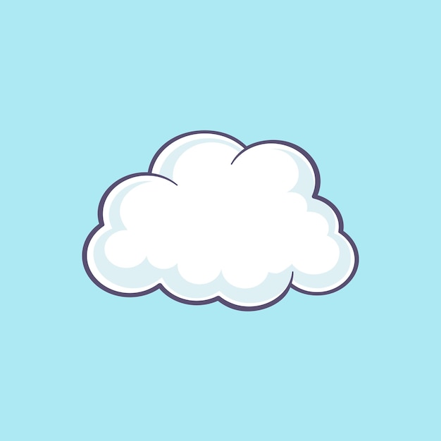 Nube esponjosa de dibujos animados blanca con contorno negro en fondo azul Ilustración plana vectorial