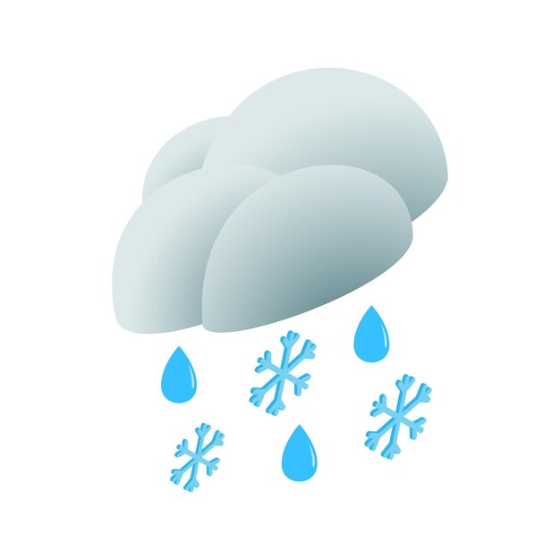 Nube con gotas de lluvia y copos de nieve icono en estilo isométrico 3d sobre un fondo blanco