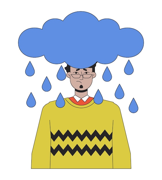 Nube de gotas de lluvia sobre la cabeza del hombre árabe personaje de dibujos animados lineal 2D