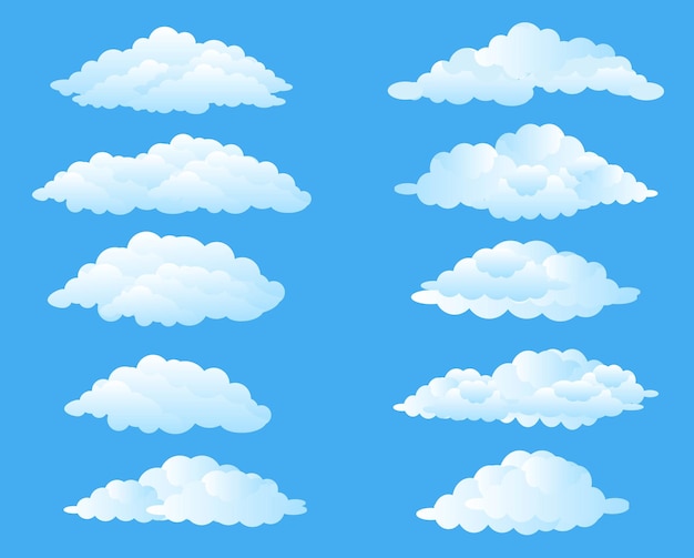 Nube grande conjunto aislado fondo azul, ilustración vectorial