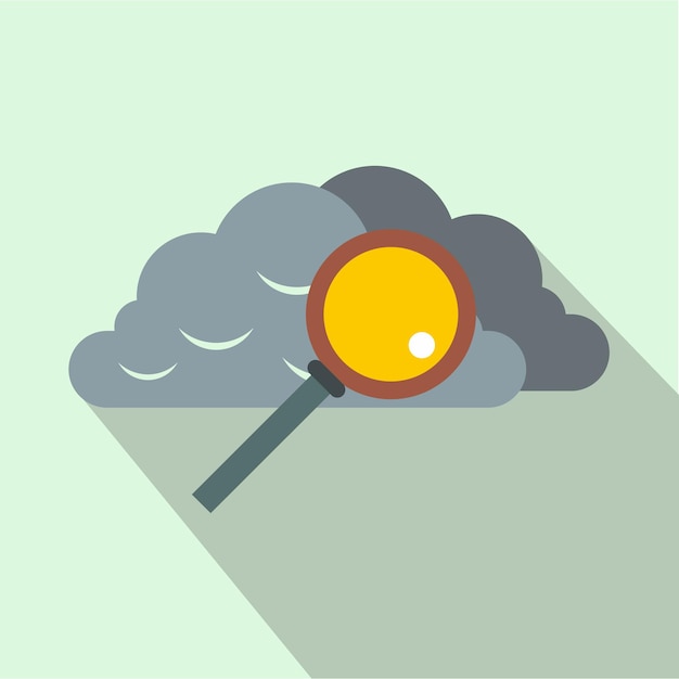 Vector nube gris con icono de lupa en estilo plano sobre un fondo azul claro