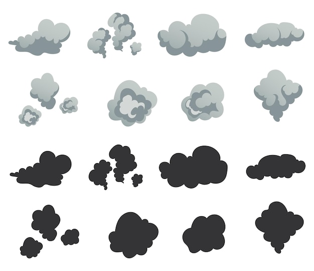 Nube de humo, dibujos animados, niebla de polvo, vapor, conjunto aislado Ilustración de elementos de diseño gráfico