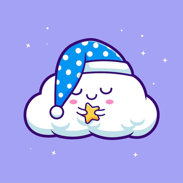 Nube linda durmiendo con una estrella en la mano Icono vectorial de dibujos animados Ilustración Ciencia Naturaleza aislada plana