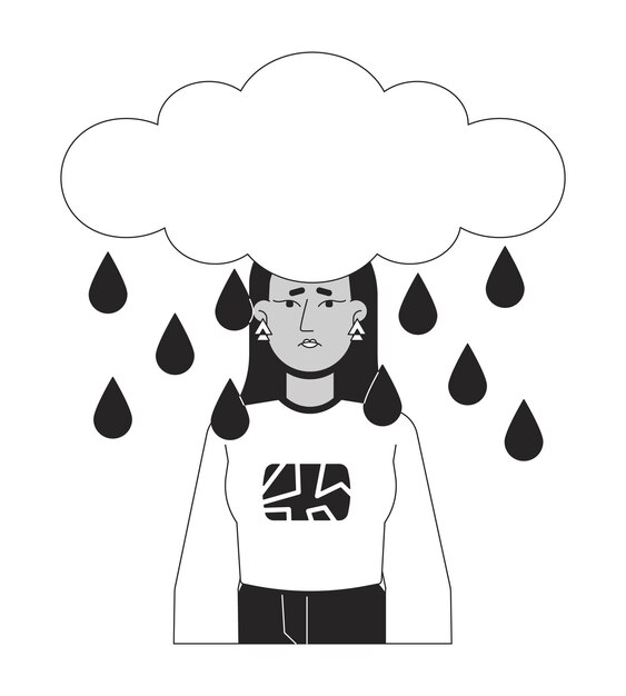 Nube de lluvia sobre la cabeza de una mujer de Oriente Medio en blanco y negro 2D personaje de dibujos animados