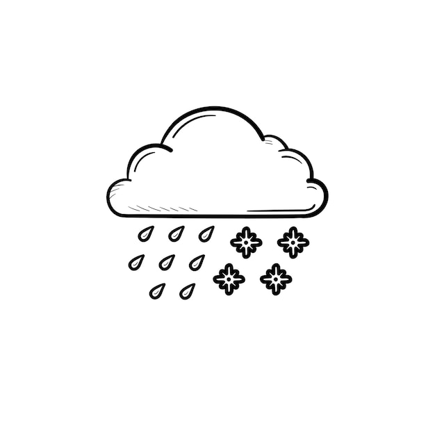 Nube con nieve y lluvia icono de doodle de contorno dibujado a mano. Clima aguanieve y tormenta, concepto de pronóstico del tiempo