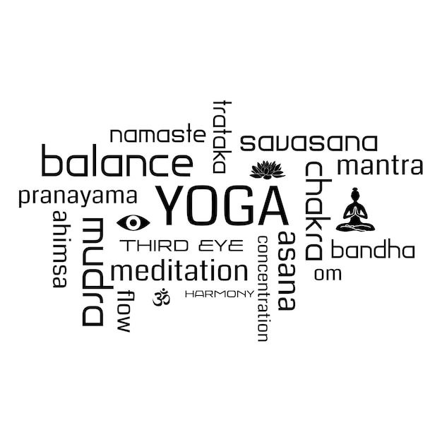 Vector nube de palabras de etiquetas para el tema de la meditación de yoga