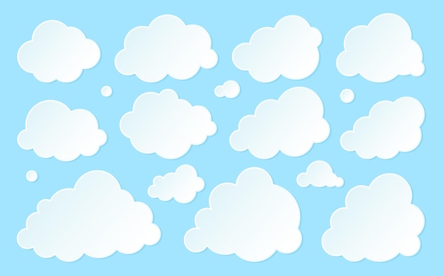 Nube papel cortado azul plano conjunto 3D burbuja clima infoboard publicidad postal banner en blanco almacenamiento de archivos nublados Etiqueta venta promoción información descuento etiqueta icono meteorología estilo de dibujos animados aislado