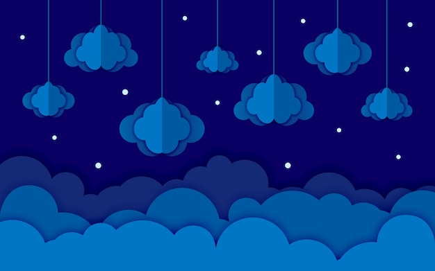 Nube papel cortado cielo azul estilo plano Cartoon volumétrico splash wallpaper postal Night dark starry craft origami moderno horizontal 3d fondo Buen clima invitación noticias vector ilustración