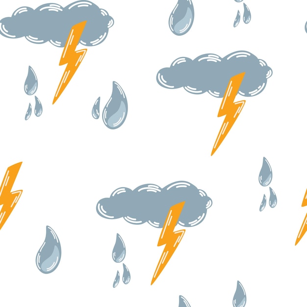 Nube con relámpagos de patrones sin fisuras meteorológico tormenta símbolo del tiempo para la impresión web y aplicaciones vector mano dibujar ilustración aislada en el fondo blanco