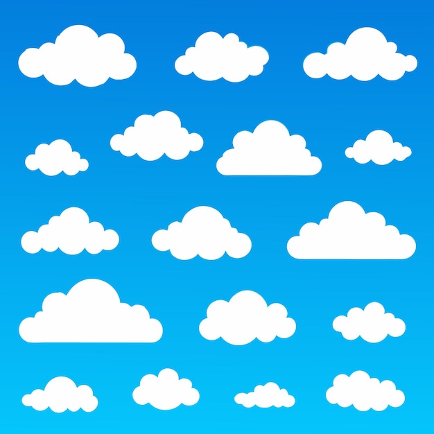 Nube Resumen blanco nublado conjunto aislado sobre fondo azul Ilustración vectorial