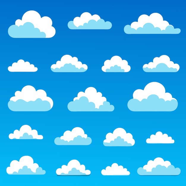 Nube Resumen blanco nublado conjunto aislado sobre fondo azul Ilustración vectorial