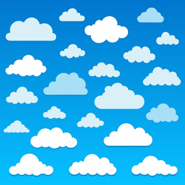 Nube Resumen blanco nublado conjunto aislado sobre fondo azul Ilustración vectorial