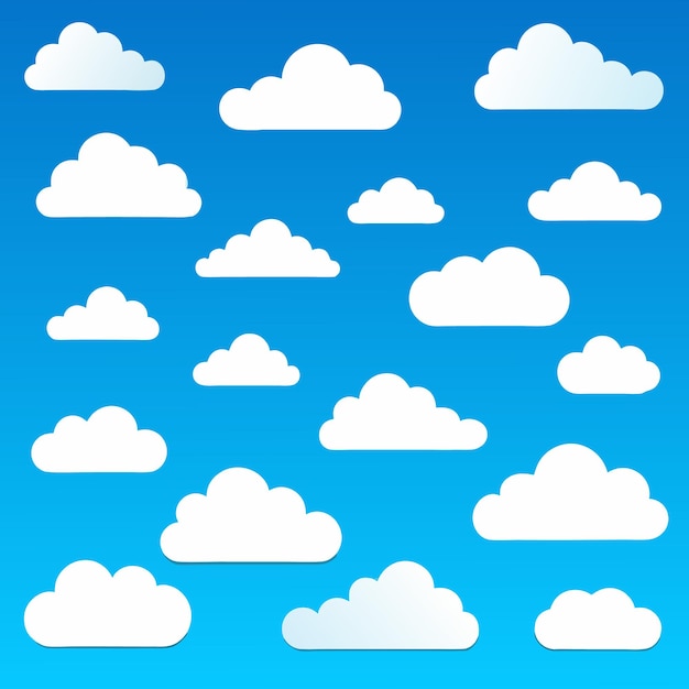 Nube Resumen blanco nublado conjunto aislado sobre fondo azul Ilustración vectorial