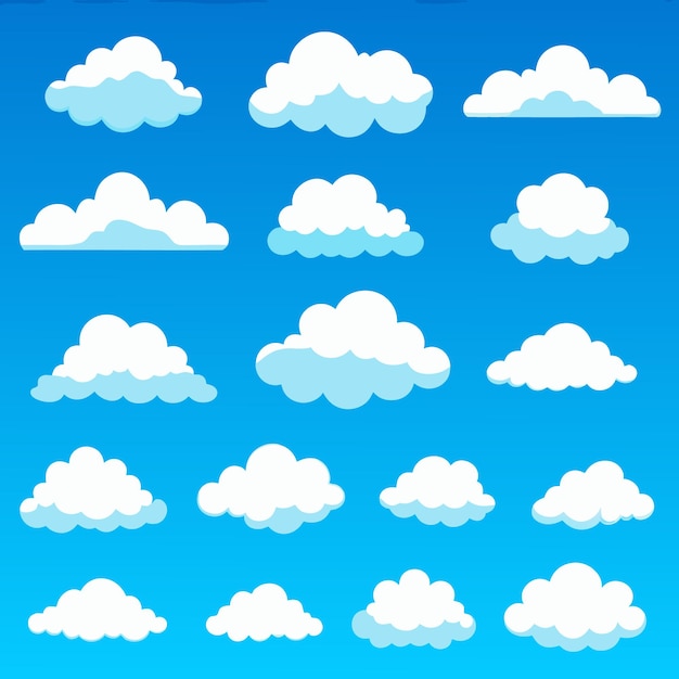 Nube Resumen blanco nublado conjunto aislado sobre fondo azul Ilustración vectorial