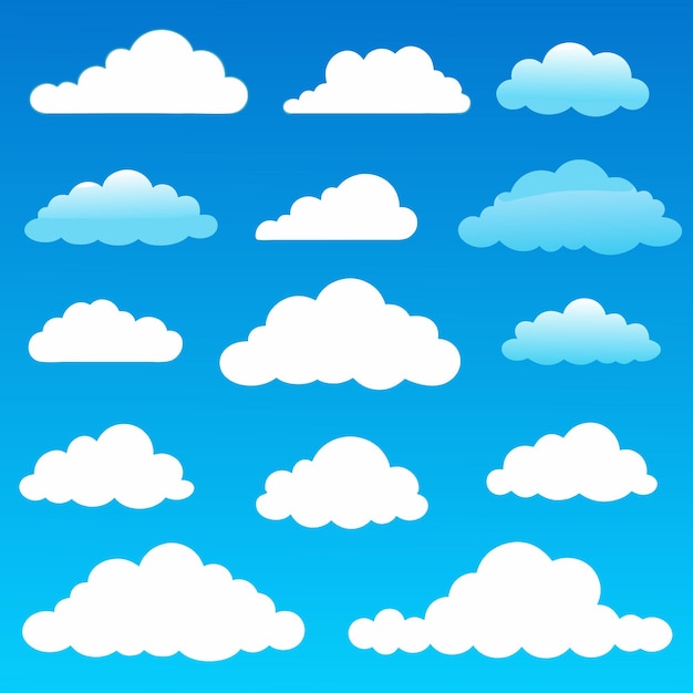 Nube Resumen blanco nublado conjunto aislado sobre fondo azul Ilustración vectorial